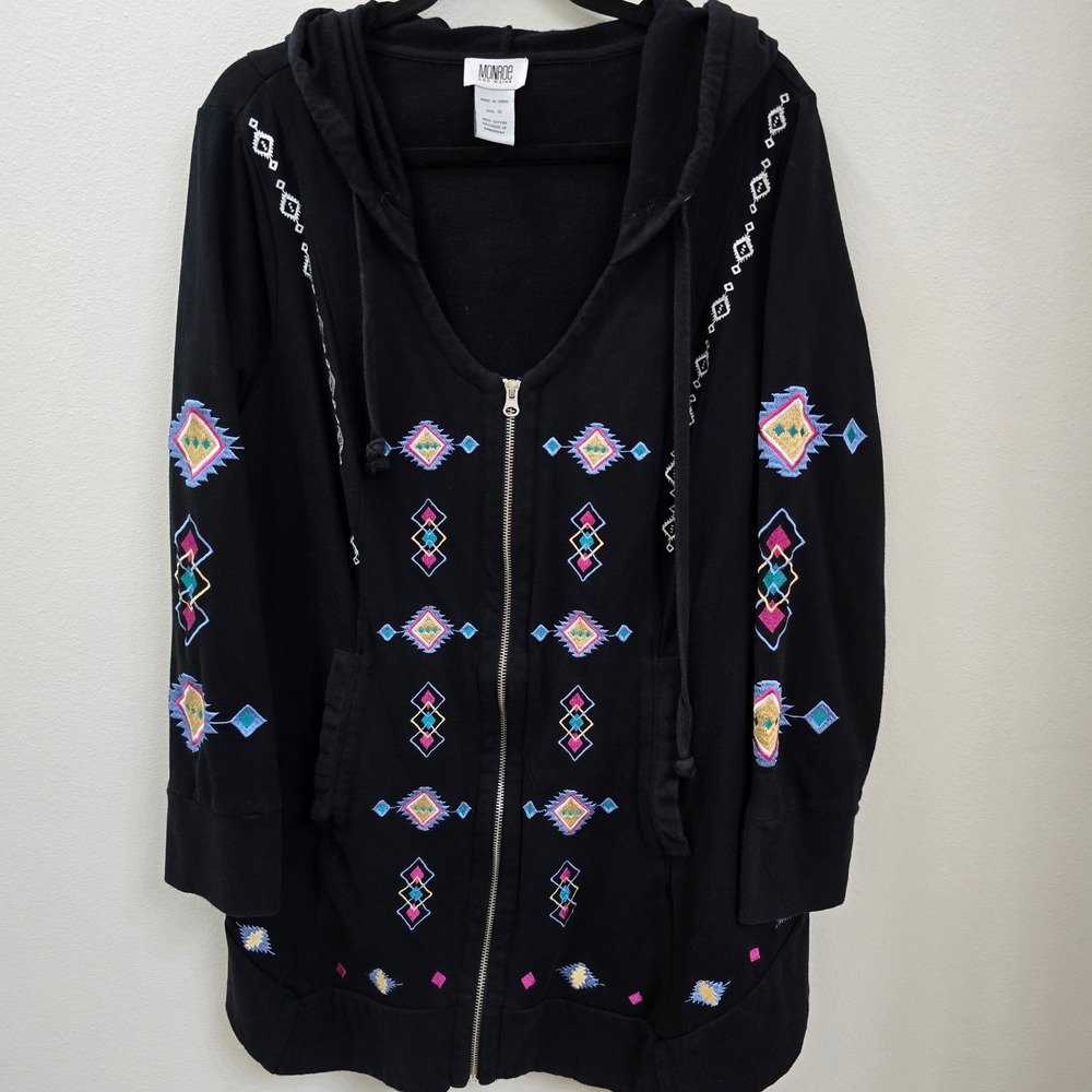 Monroe and Main Womens 1X Black Embroidered Zip‎ Up Hoodie Geometric Longline